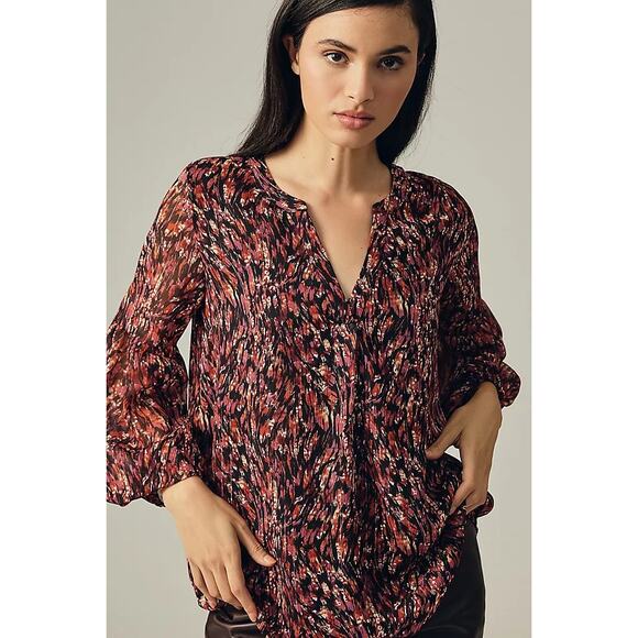 ANTHROPOLOGIE | Sarah Hann Feather Print Semi Sheer Metallic Peasant Blouse | XS - Picture 1 of 8